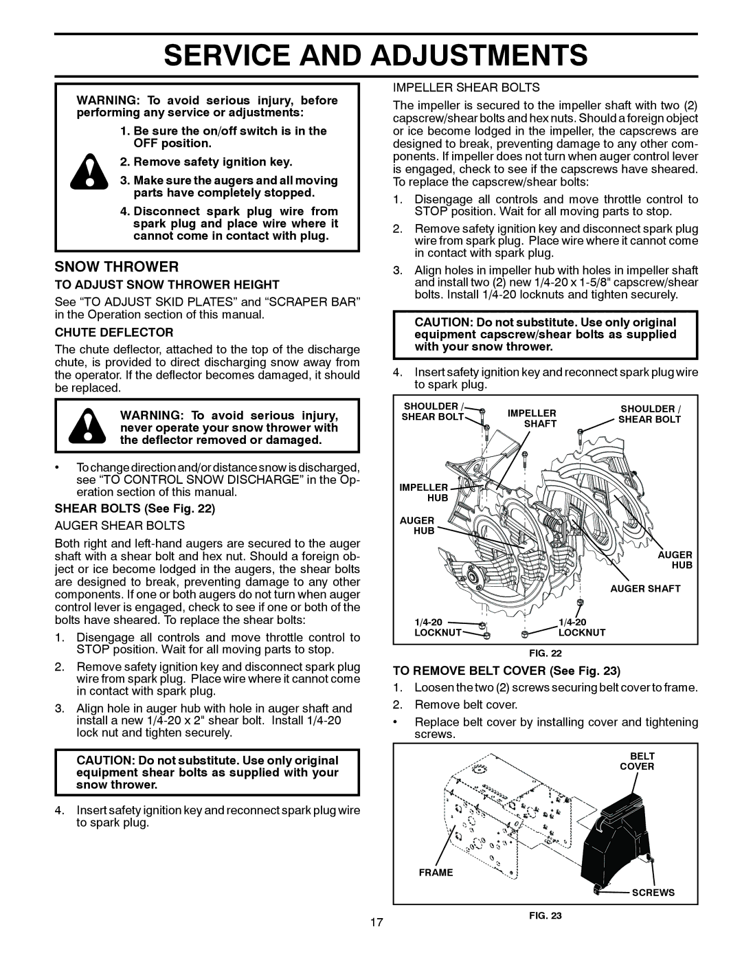 Husqvarna ST 324P warranty Service and Adjustments, To Adjust Snow Thrower Height, Chute Deflector, Shear Bolts See Fig 