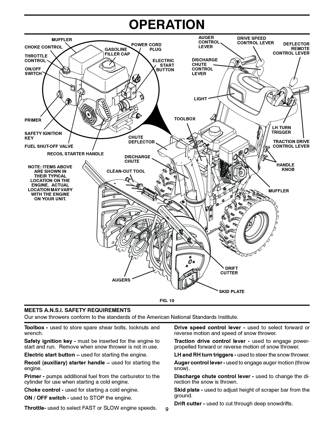 Husqvarna ST 324P warranty Meets A.N.S.I. Safety Requirements, Recoil auxiliary starter handle used for starting the engine 