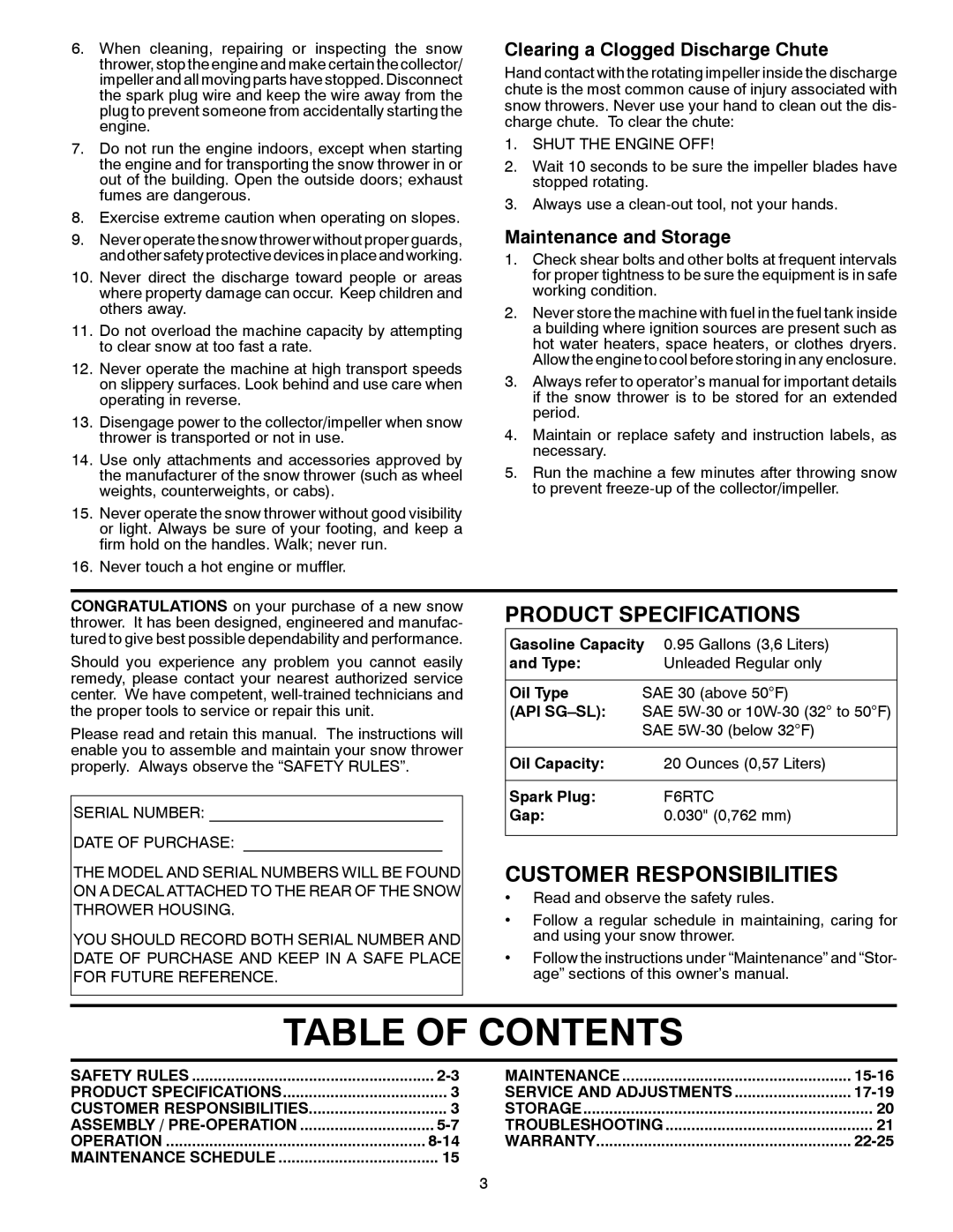 Husqvarna ST 327P Table Of Contents, Product Specifications, Customer Responsibilities, Clearing a Clogged Discharge Chute 