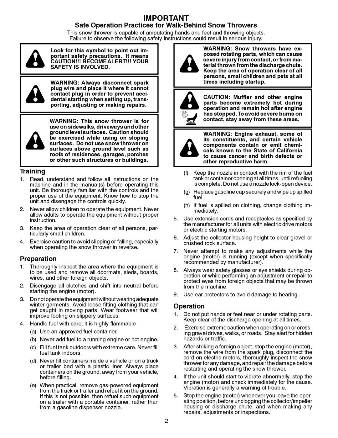 Husqvarna ST 327P warranty Safe Operation Practices for Walk-Behind Snow Throwers 