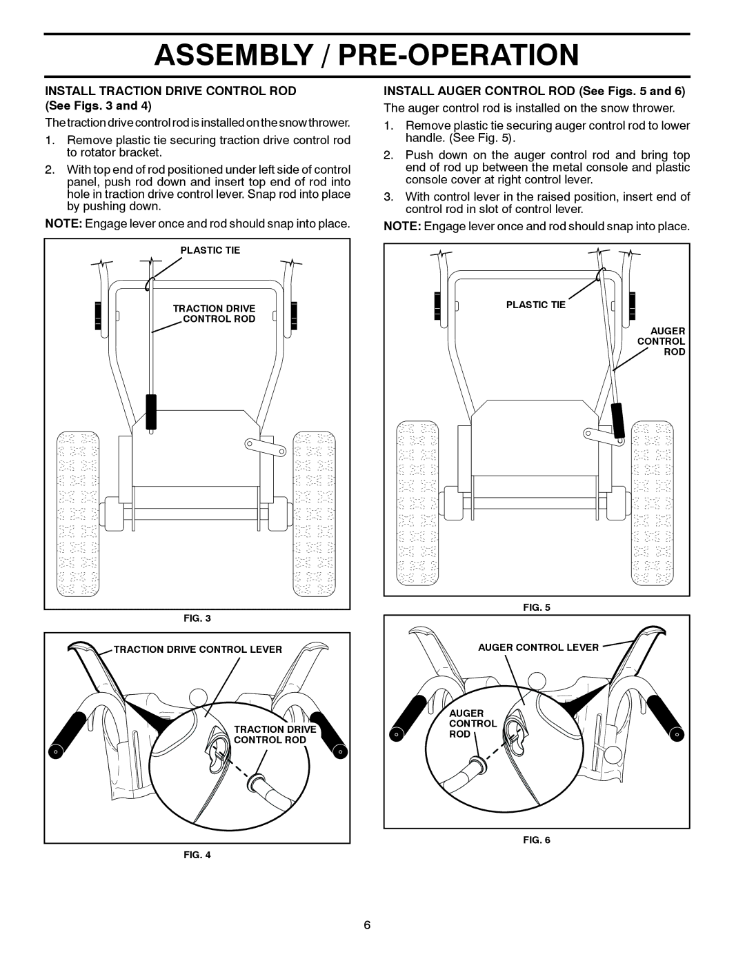 Husqvarna ST 327P warranty Install Traction Drive Control ROD See Figs, Install Auger Control ROD See Figs 