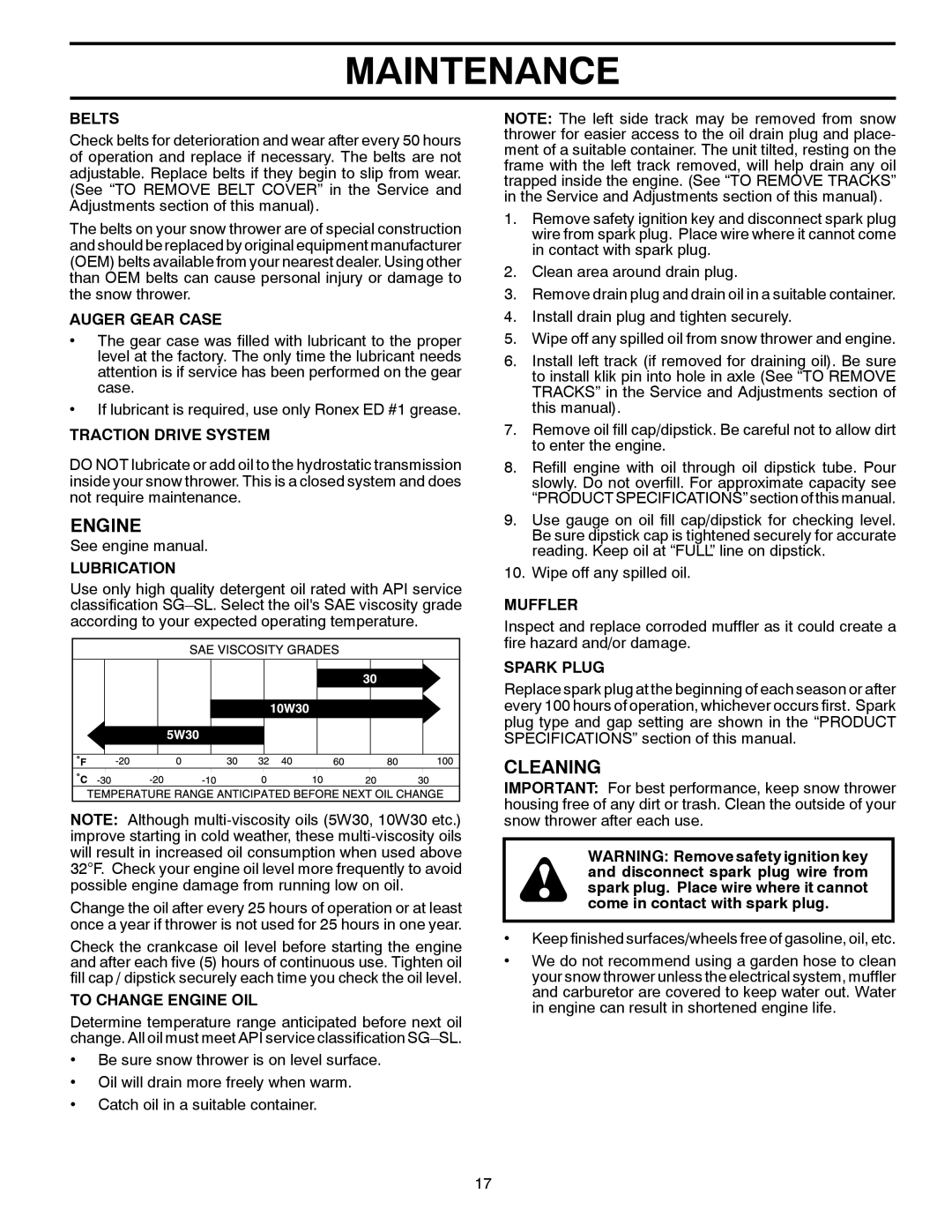 Husqvarna ST 330T warranty Engine, Cleaning 