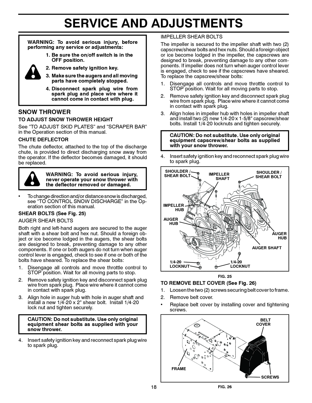 Husqvarna ST 330T warranty Service and Adjustments, To Adjust Snow Thrower Height, Chute Deflector, Shear Bolts See Fig 