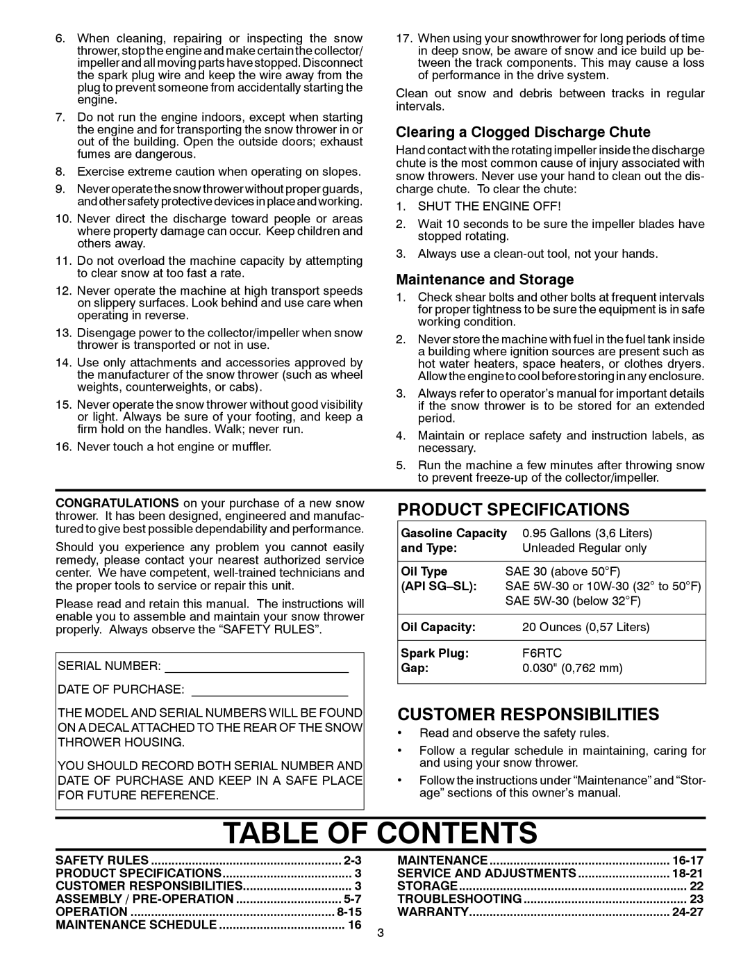 Husqvarna ST 330T warranty Table of Contents 