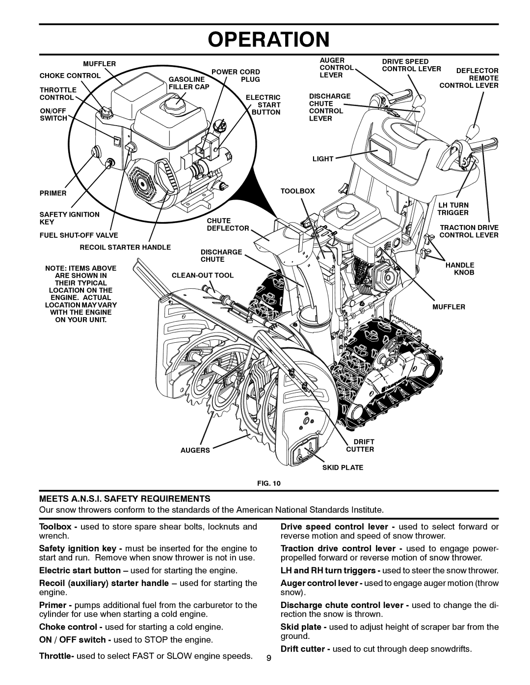 Husqvarna ST 330T warranty Meets A.N.S.I. Safety Requirements, Recoil auxiliary starter handle used for starting the engine 