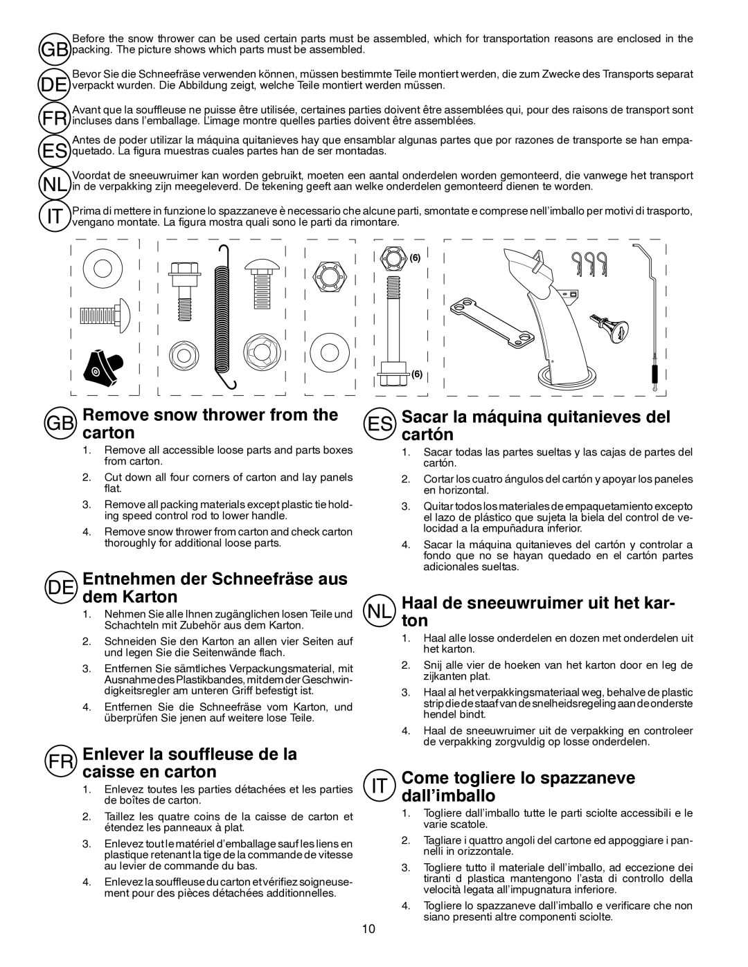 Husqvarna ST261E instruction manual Remove snow thrower from the carton, Entnehmen der Schneefräse aus dem Karton 