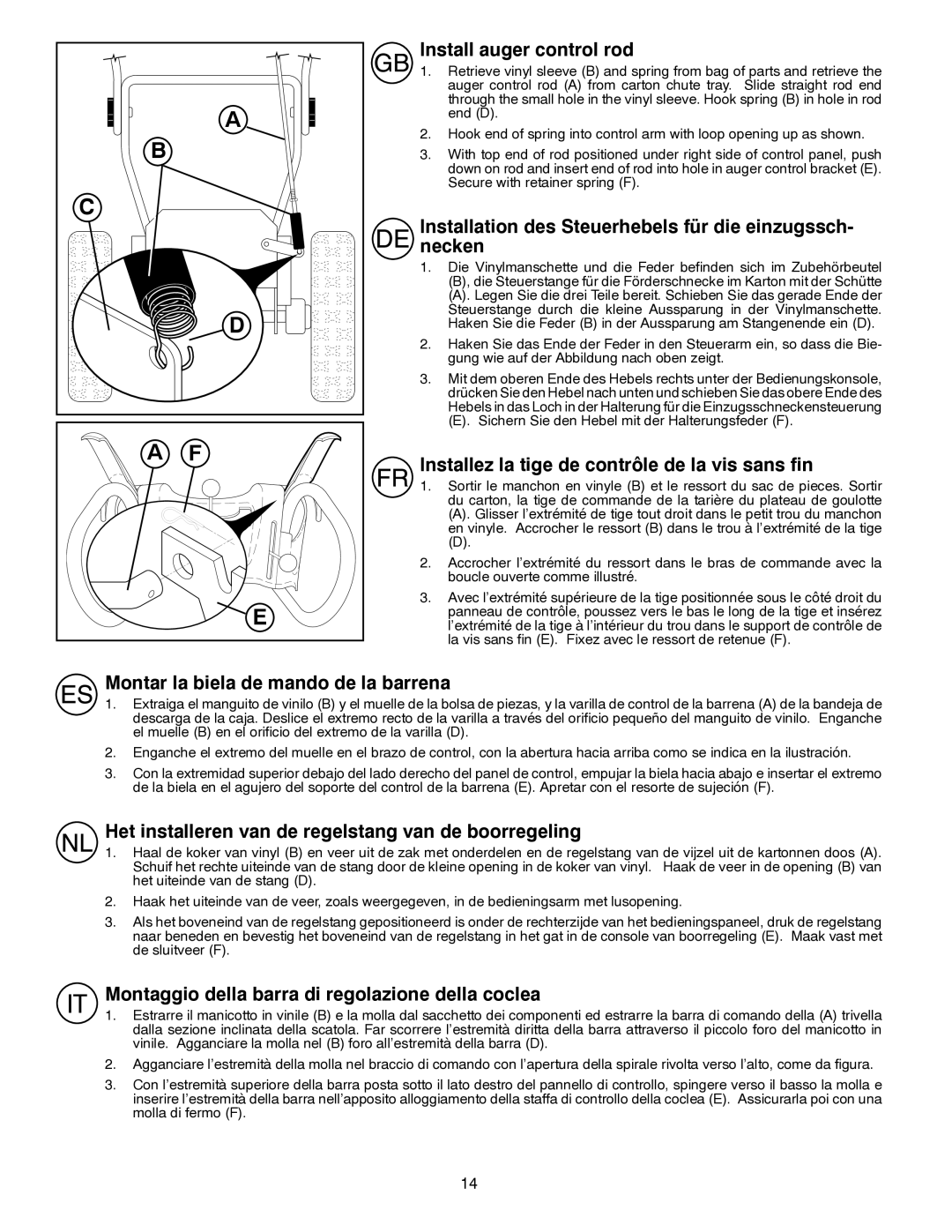 Husqvarna ST261E instruction manual Install auger control rod, Installation des Steuerhebels für die einzugssch- necken 