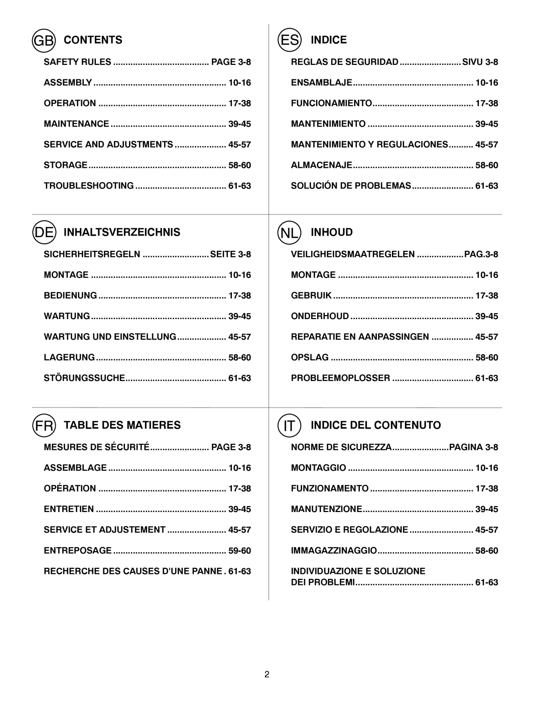 Husqvarna ST261E instruction manual Contents Indice 