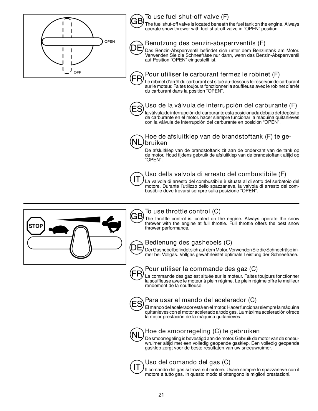 Husqvarna ST261E To use fuel shut-off valve F, Benutzung des benzin-absperrventils F, To use throttle control C 