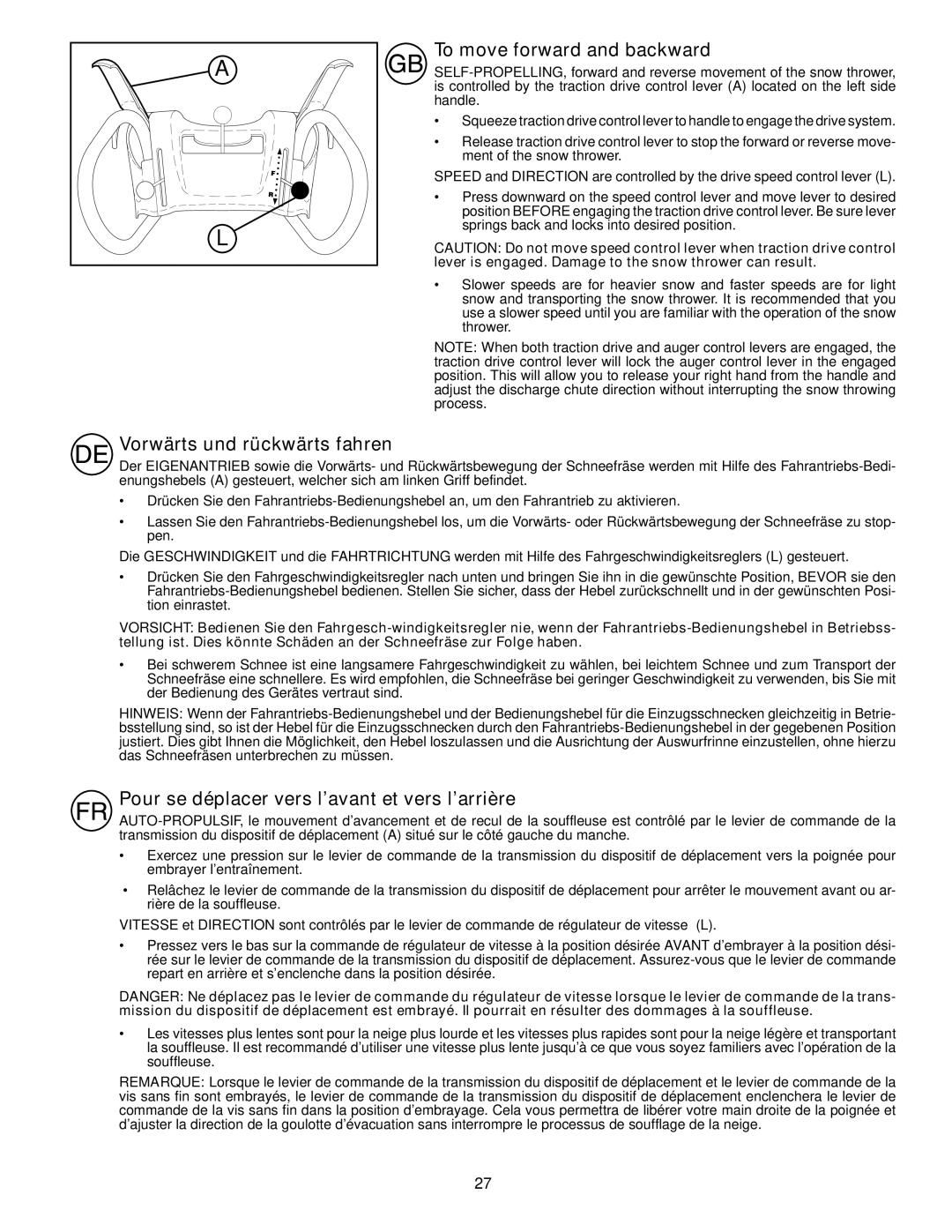 Husqvarna ST261E instruction manual To move forward and backward, Vorwärts und rückwärts fahren 