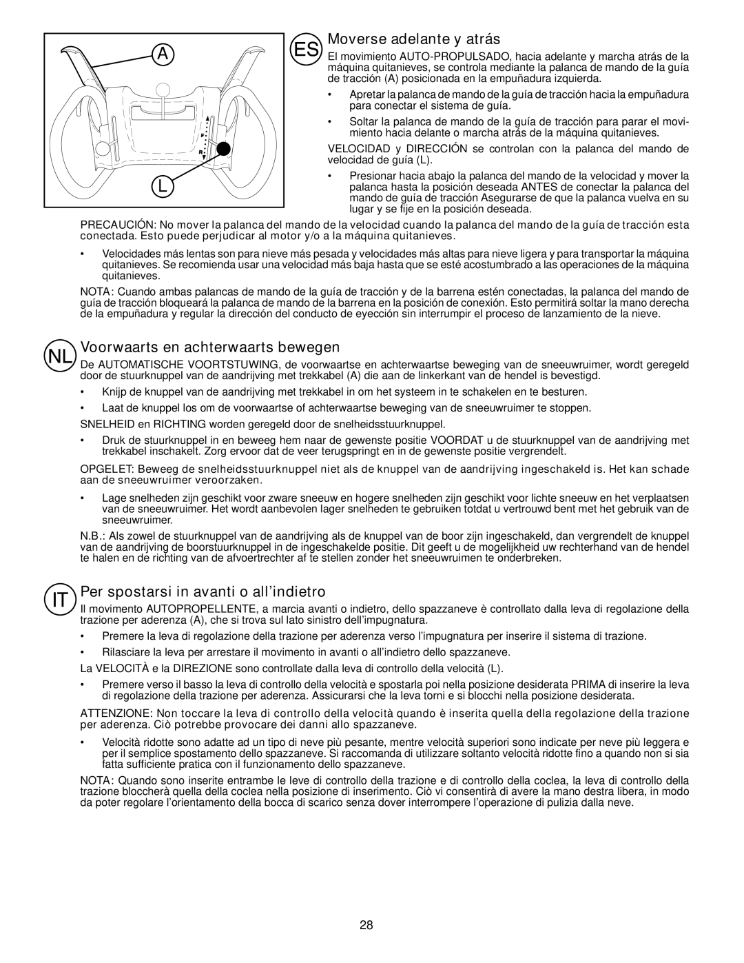 Husqvarna ST261E Moverse adelante y atrás, Voorwaarts en achterwaarts bewegen, Per spostarsi in avanti o all’indietro 