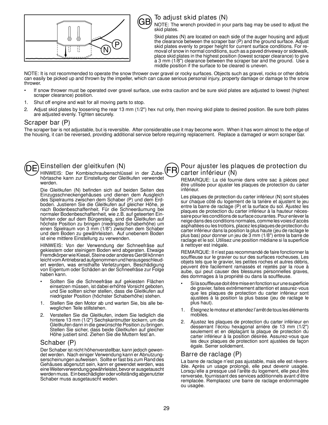 Husqvarna ST261E To adjust skid plates N, Scraper bar P, Einstellen der gleitkufen N, Schaber P, Barre de raclage P 