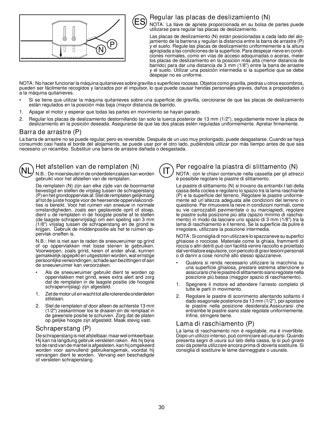 Husqvarna ST261E Regular las placas de deslizamiento N, Barra de arrastre P, Het afstellen van de remplaten N 