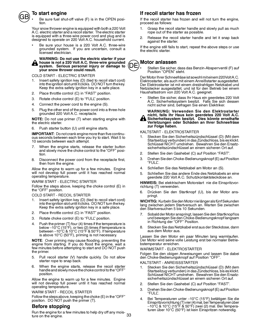 Husqvarna ST261E instruction manual To start engine, Before stopping, If recoil starter has frozen, Motor anlassen 