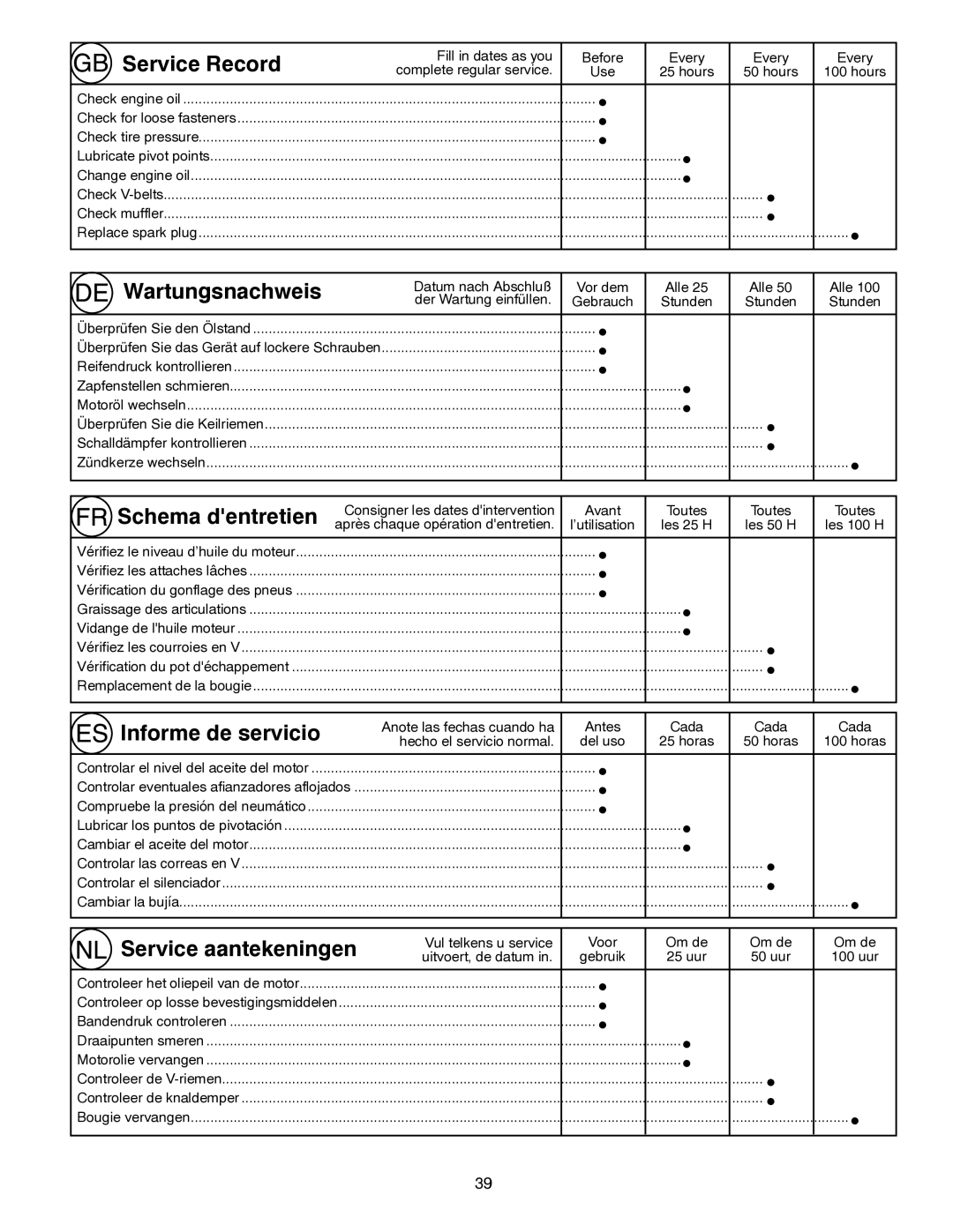 Husqvarna ST261E Service Record, Wartungsnachweis, Schema dentretien, Informe de servicio, Service aantekeningen 