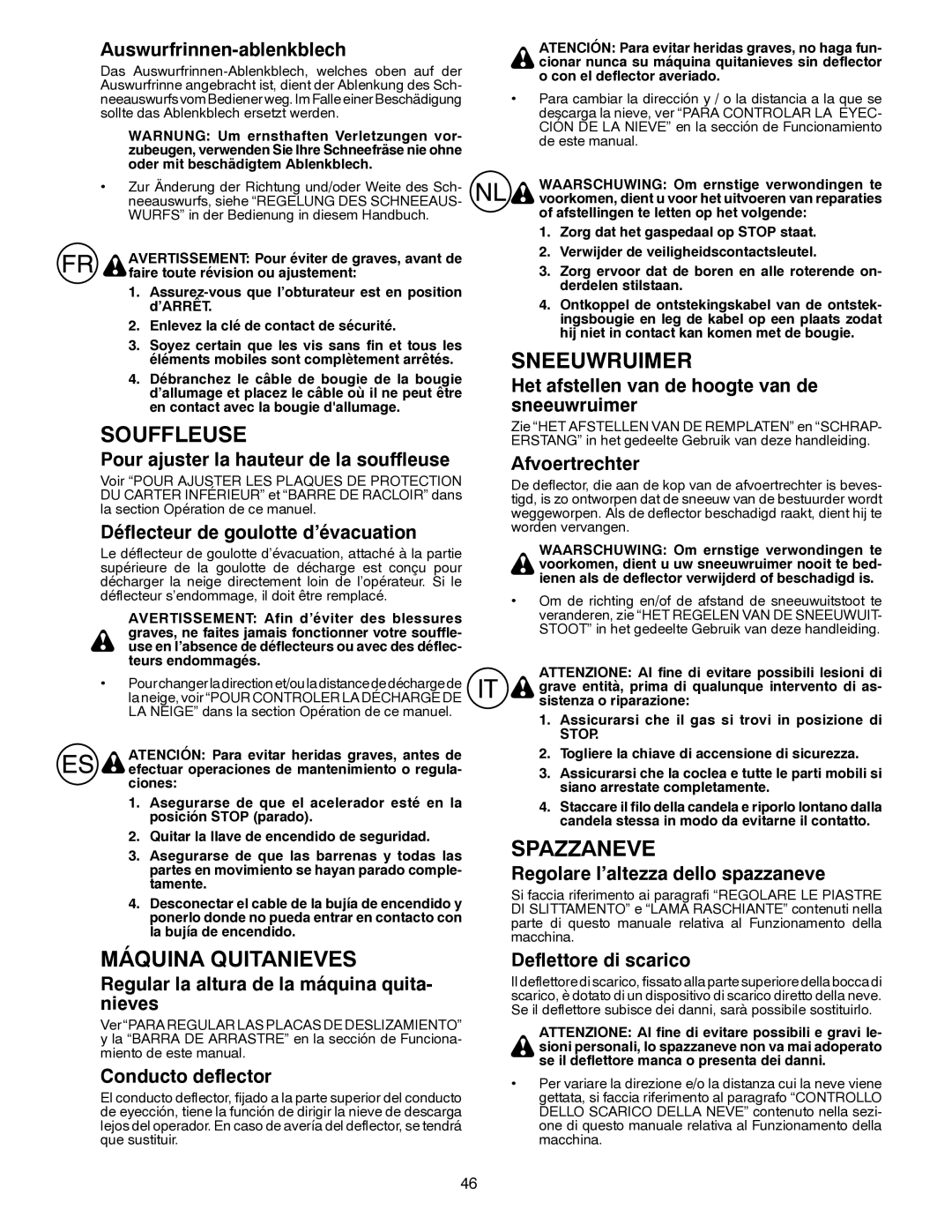 Husqvarna ST261E instruction manual Souffleuse, Máquina Quitanieves, Sneeuwruimer, Spazzaneve 