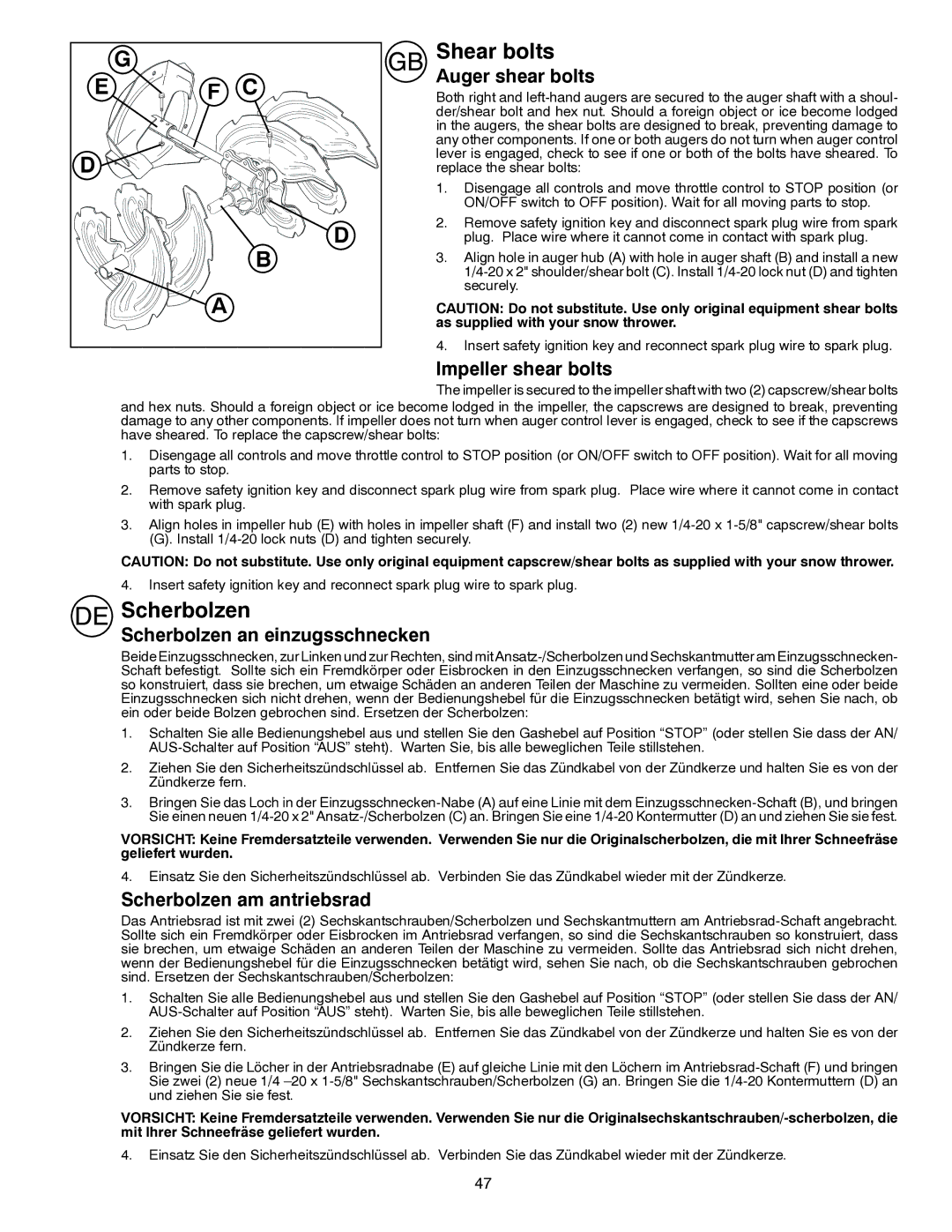 Husqvarna ST261E instruction manual Shear bolts, Scherbolzen 