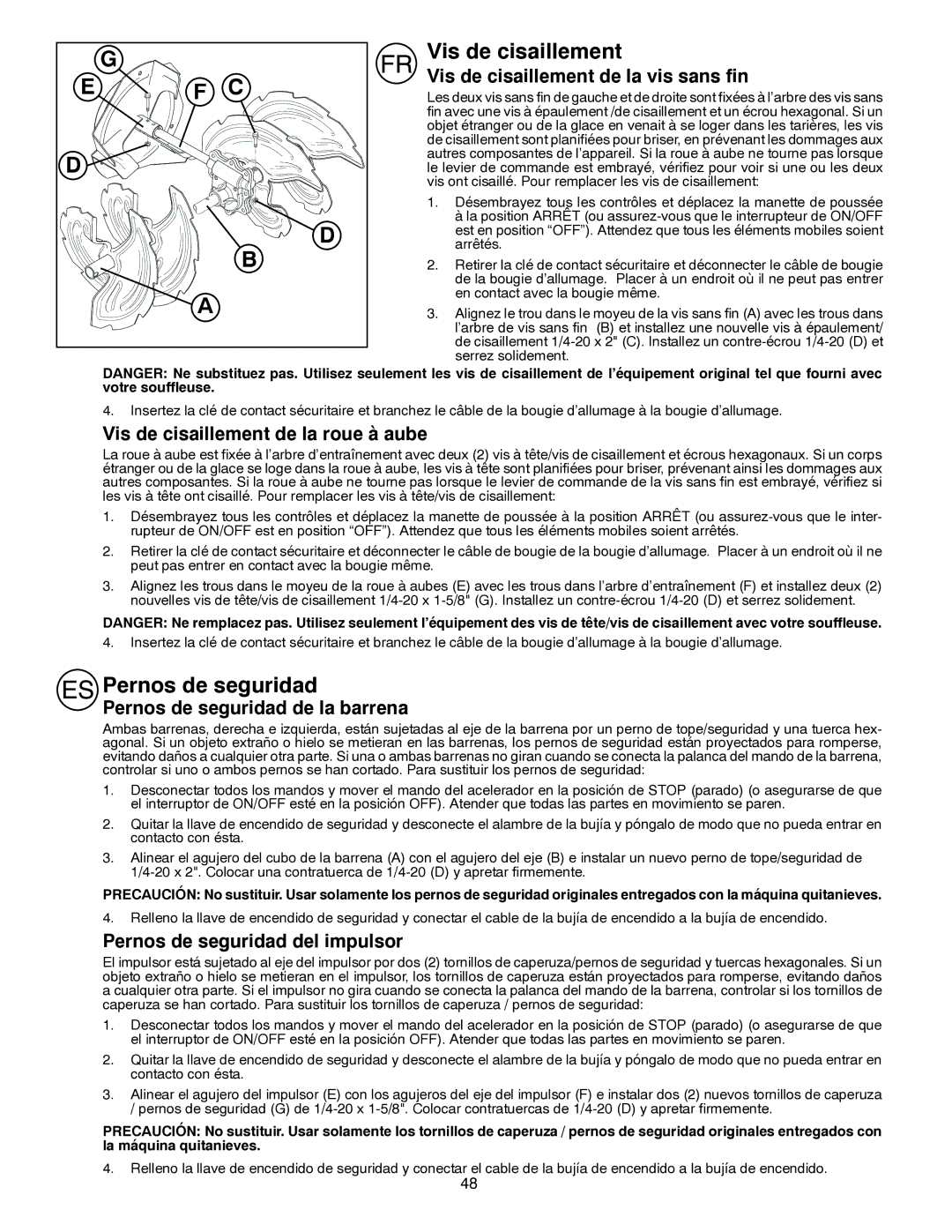 Husqvarna ST261E instruction manual Vis de cisaillement, Pernos de seguridad 