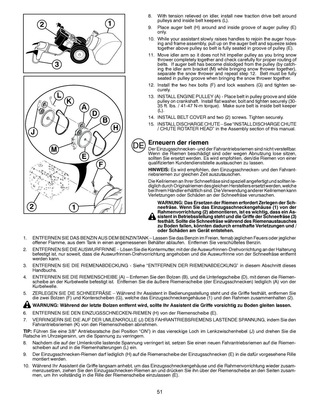 Husqvarna ST261E instruction manual Erneuern der riemen, Install Belt Cover and two 2 screws. Tighten securely 