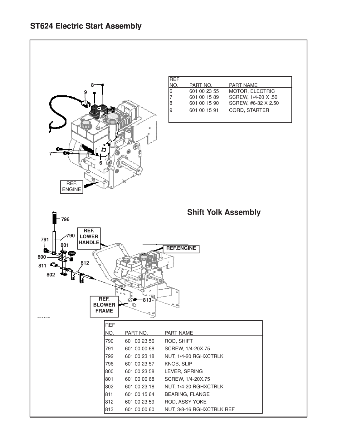 Husqvarna ST624E manual ST624 Electric Start Assembly, Shift Yolk Assembly, Lower, Ref.Engine, 800 811, Blower Frame 