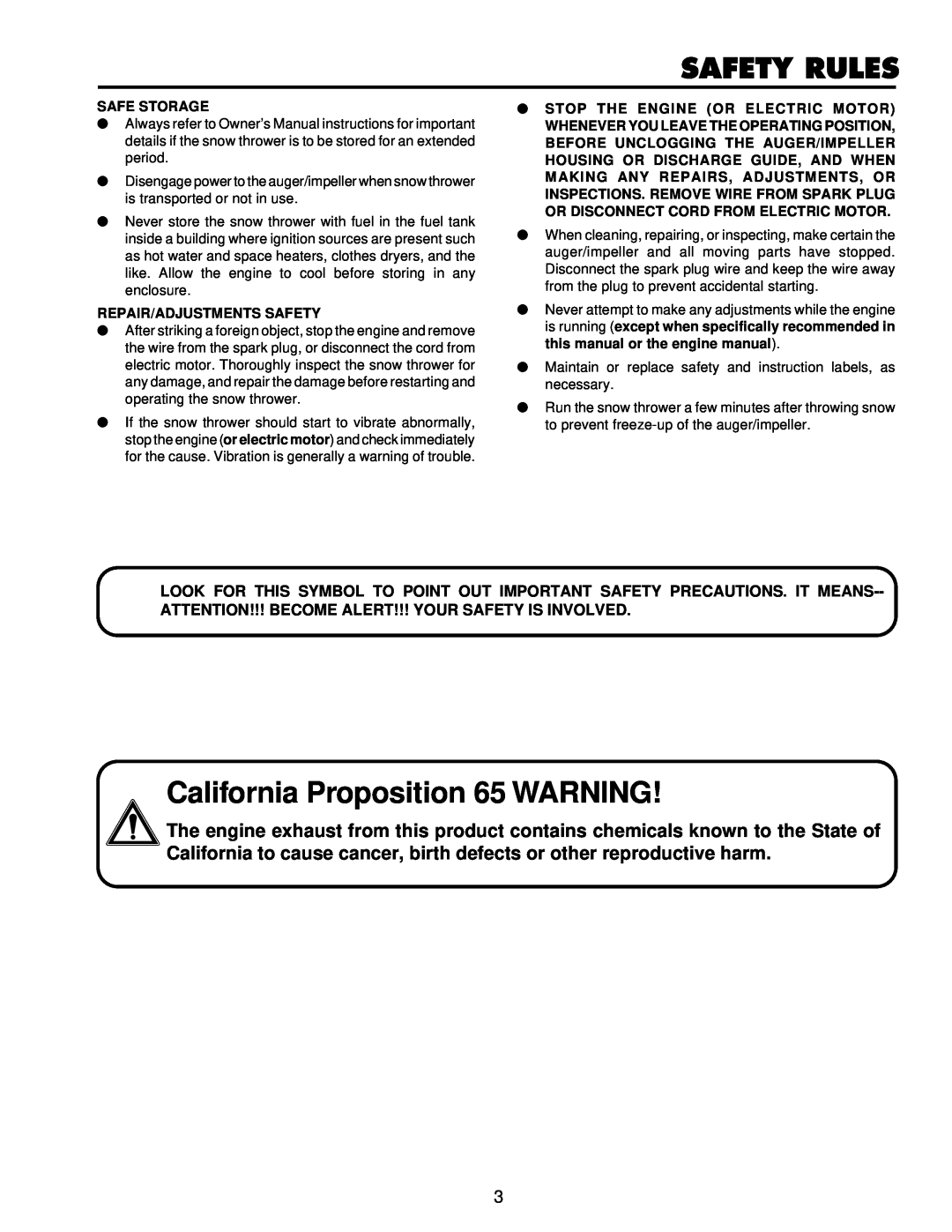 Husqvarna ST724 owner manual California Proposition 65 WARNING, Safety Rules, Safe Storage, Repair/Adjustments Safety 