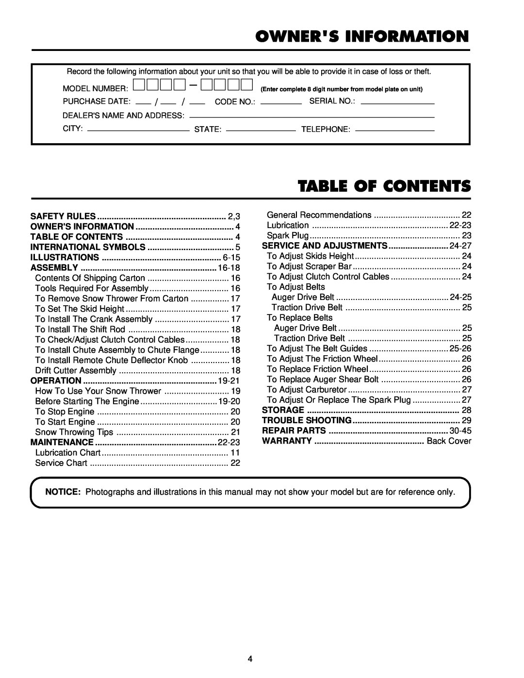 Husqvarna ST724 owner manual Owners Information, Table Of Contents 
