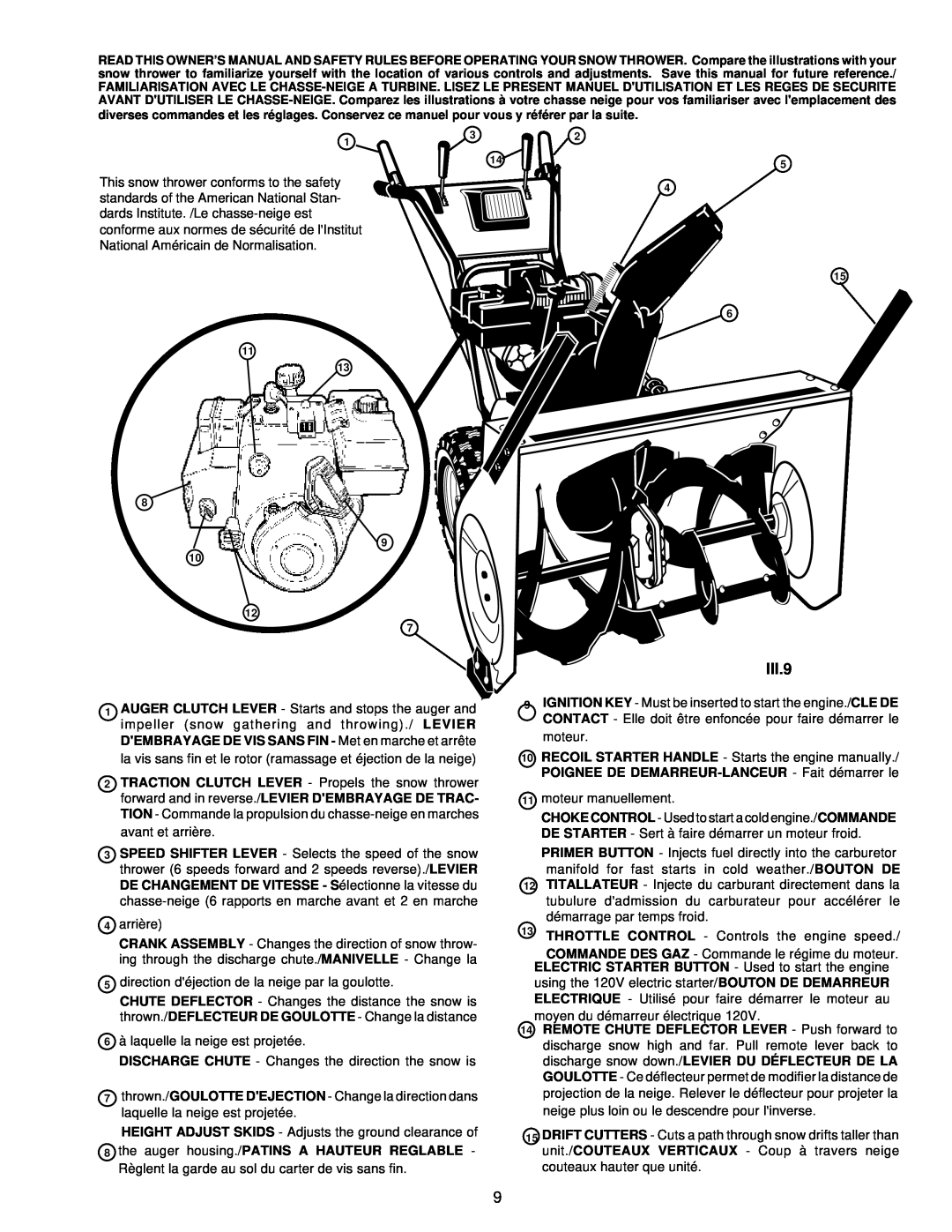 Husqvarna ST724 owner manual III.9, This snow thrower conforms to the safety, standards of the American National Stan 