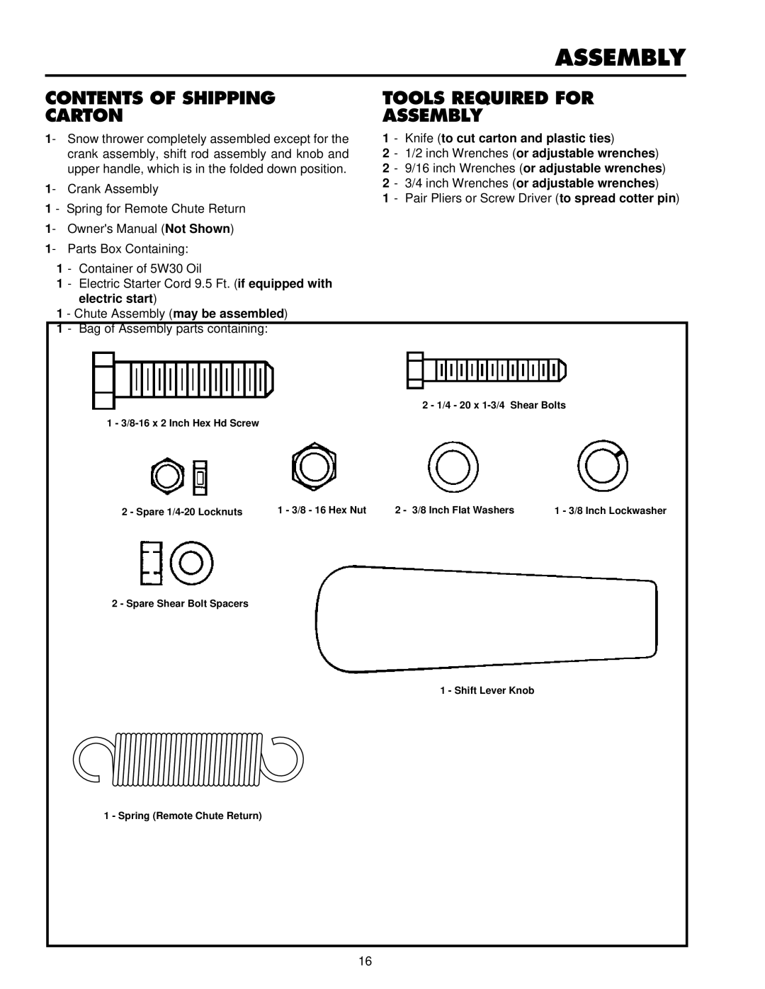 Husqvarna ST724 owner manual Contents of Shipping Tools Required for Carton Assembly 