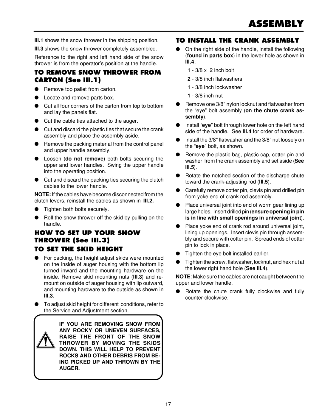 Husqvarna ST724 owner manual To SET the Skid Height, To Install the Crank Assembly 