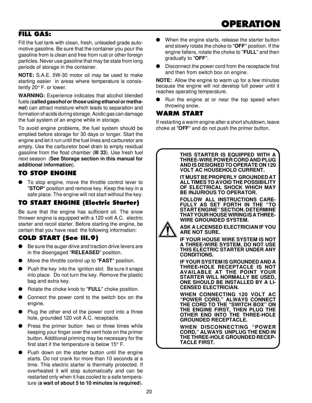 Husqvarna ST724 owner manual Fill GAS, To Stop Engine, Warm Start 