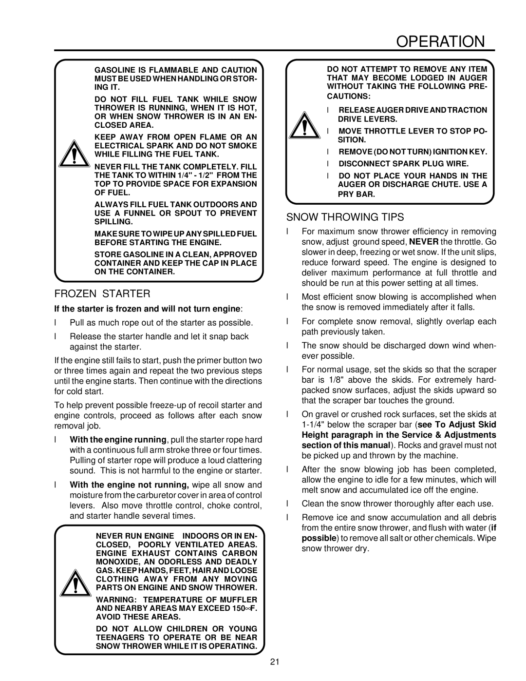 Husqvarna ST724 owner manual Frozen Starter, Snow Throwing Tips, If the starter is frozen and will not turn engine 