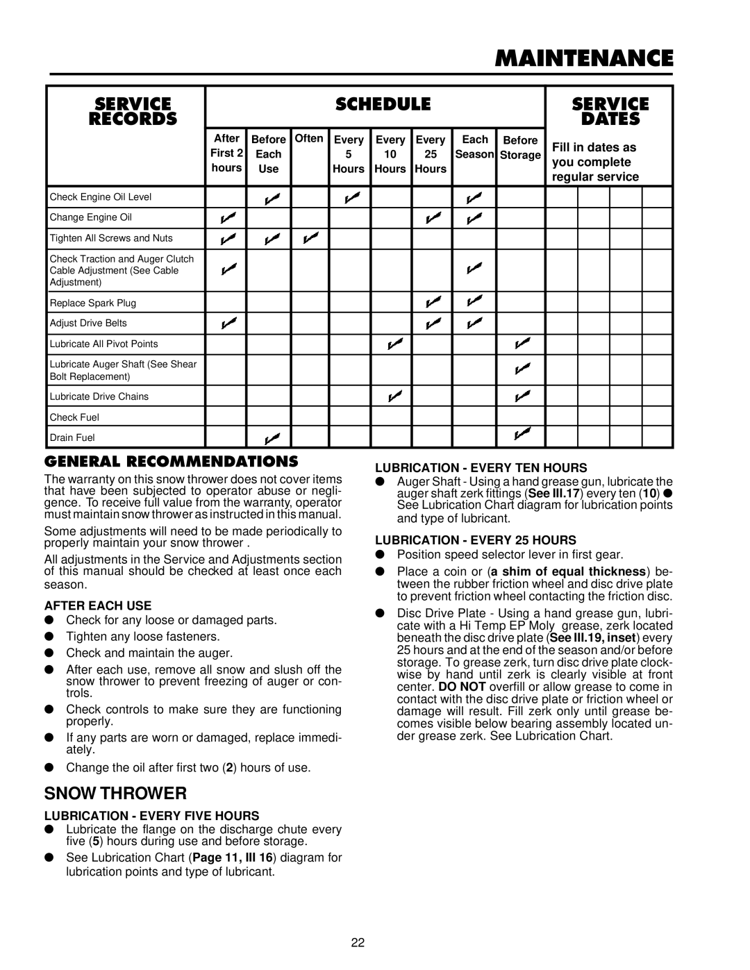 Husqvarna ST724 owner manual Maintenance, General Recommendations 