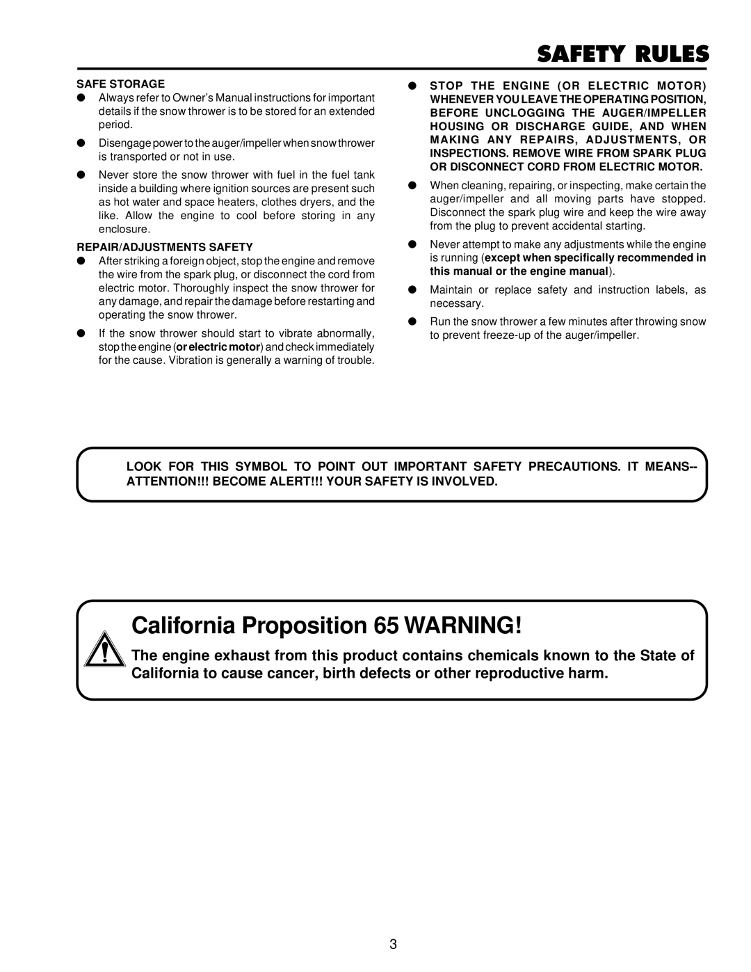 Husqvarna ST724 owner manual California Proposition 65 Warning 