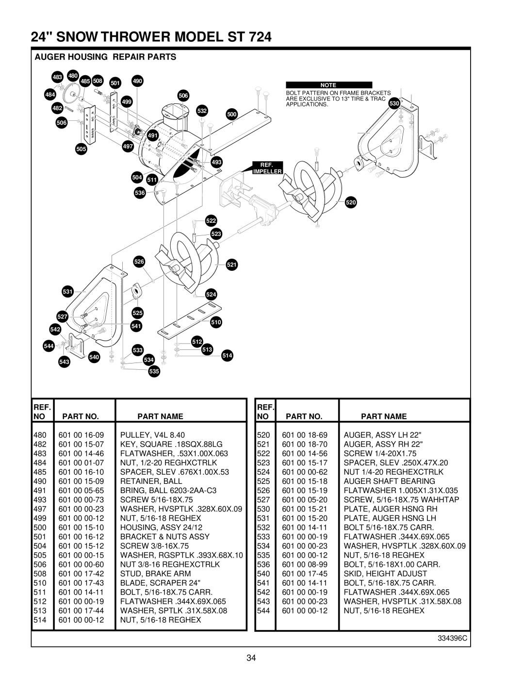 Husqvarna ST724 owner manual Auger Housing Repair Parts, 505497 504 506 532 500 