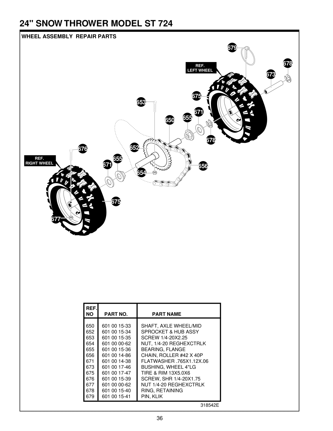 Husqvarna ST724 owner manual 673 675 653 671 650 678 676 652 655 656 654 677, Wheel Assembly Repair Parts 