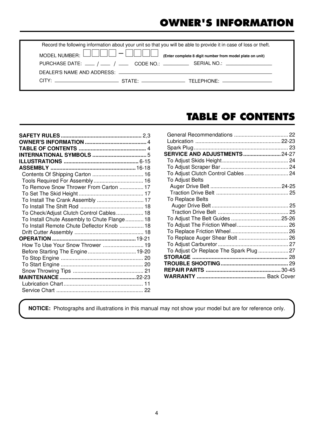 Husqvarna ST724 owner manual Owners Information, Table of Contents 