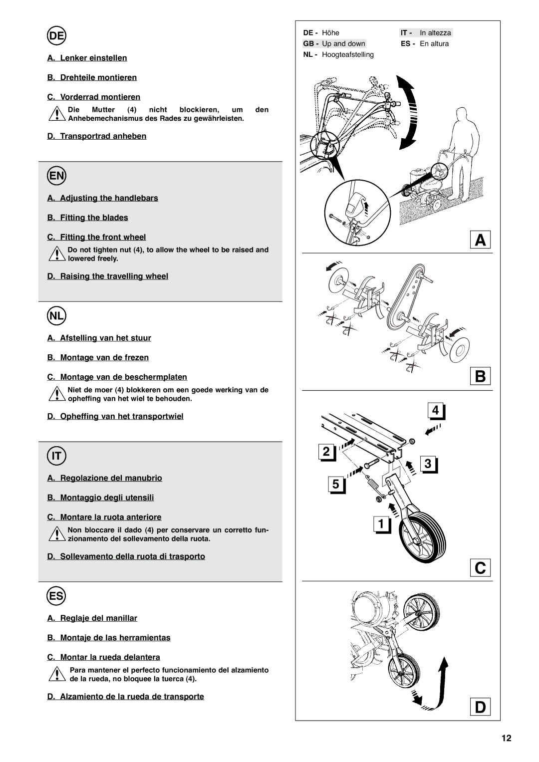 Husqvarna T 55R, T 56RS, T 50RH, T 50RS manual Lenker einstellen Drehteile montieren Vorderrad montieren 