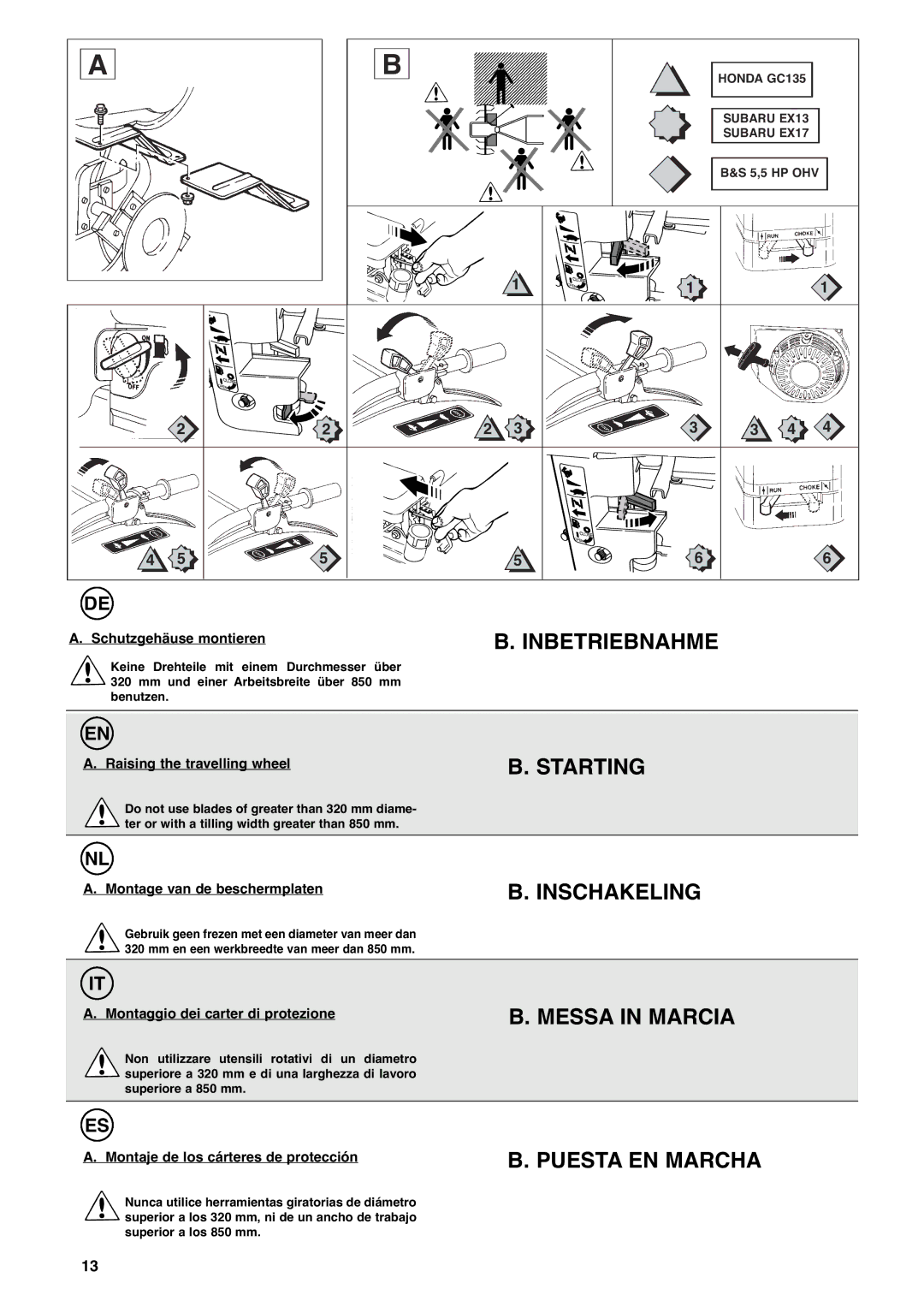 Husqvarna T 50RH, T 56RS, T 55R, T 50RS manual Starting, Inschakeling, Messa in Marcia, Puesta EN Marcha 