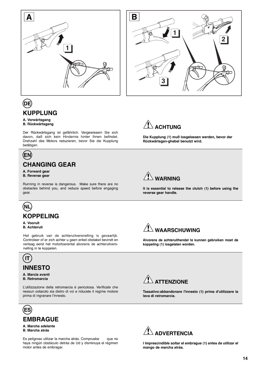 Husqvarna T 50RS, T 56RS, T 55R, T 50RH manual Kupplung, Changing Gear, Koppeling, Innesto, Embrague 