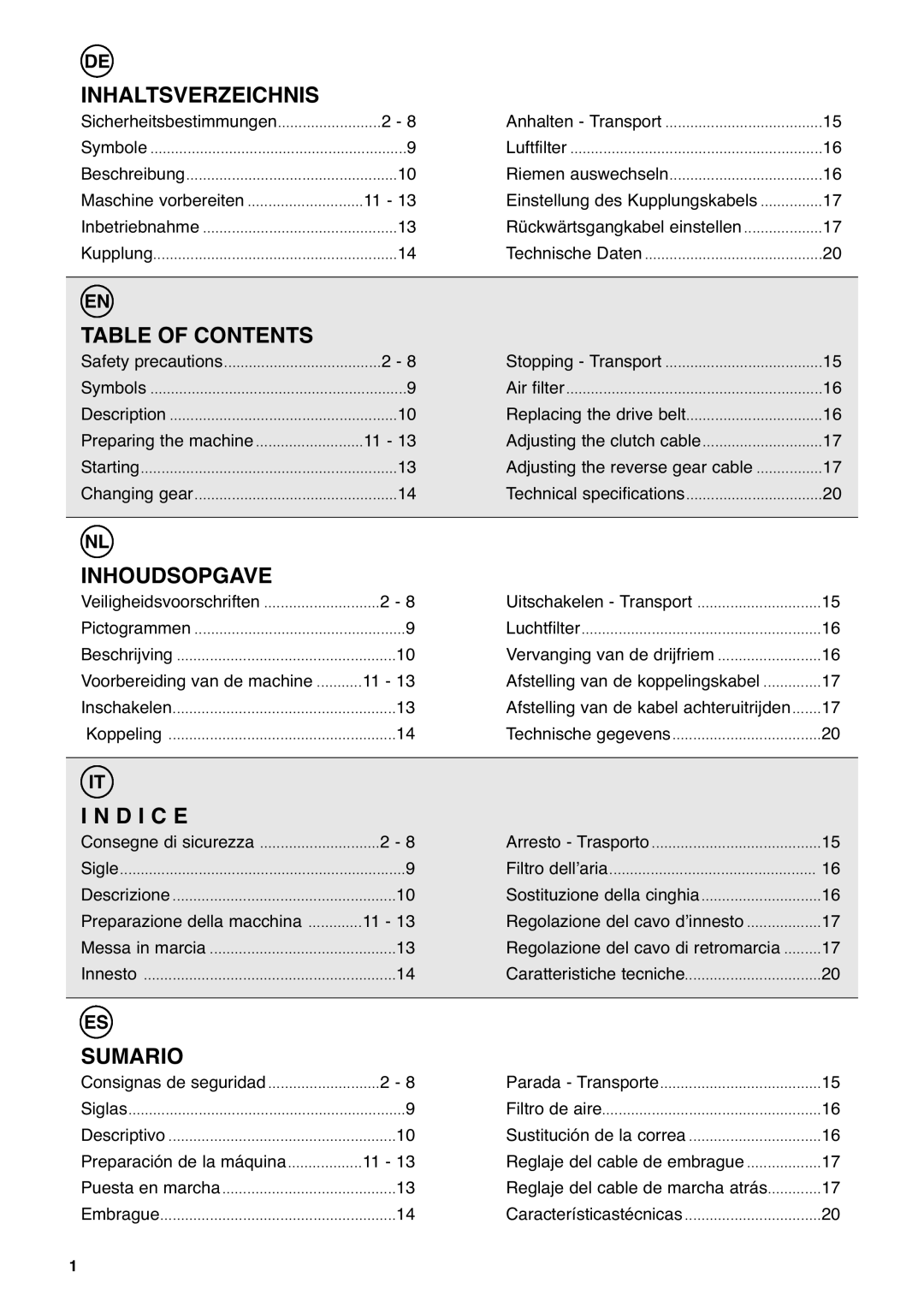 Husqvarna T 50RH, T 56RS, T 55R, T 50RS manual Inhaltsverzeichnis, Table of Contents, Inhoudsopgave, D I C E, Sumario 