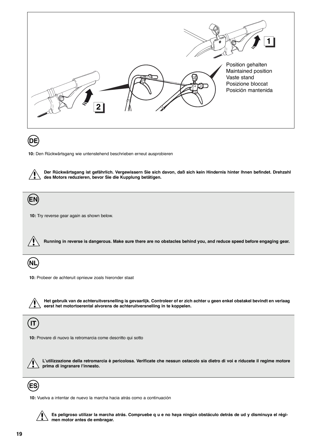 Husqvarna T 56RS, T 55R, T 50RH Try reverse gear again as shown below, Probeer de achteruit opnieuw zoals hieronder staat 