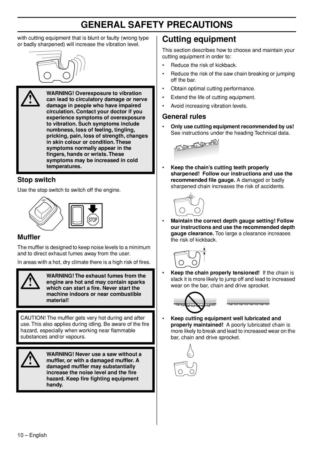 Husqvarna T435 manual Cutting equipment, Stop switch, Mufﬂer, General rules 