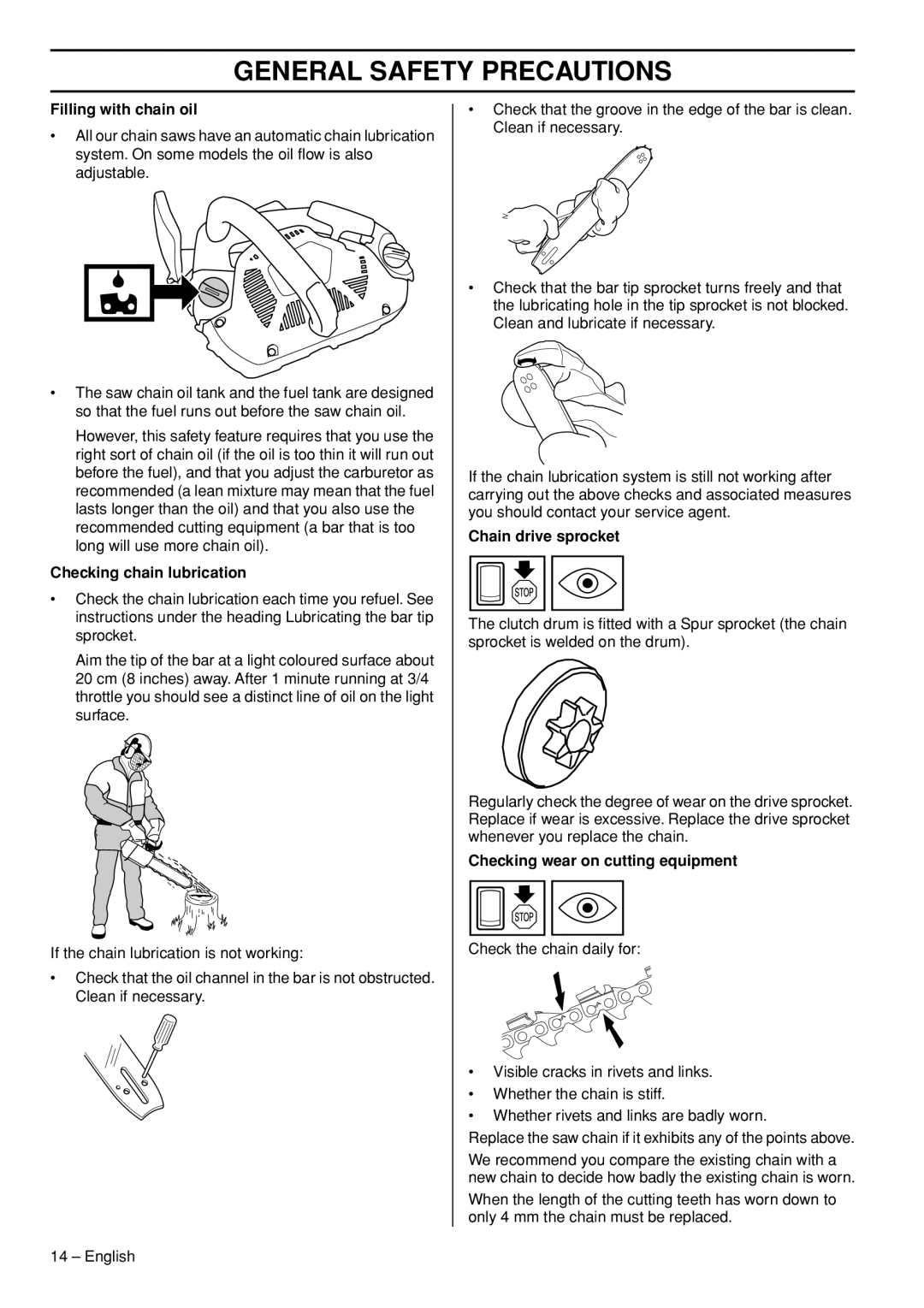 Husqvarna T435 manual Filling with chain oil, Checking chain lubrication, Chain drive sprocket 