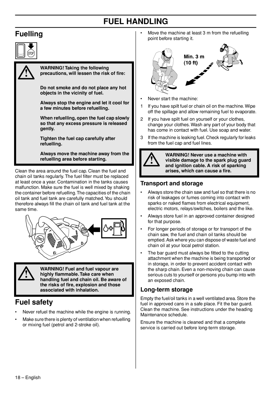 Husqvarna T435 manual Fuelling, Fuel safety, Transport and storage, Long-term storage 