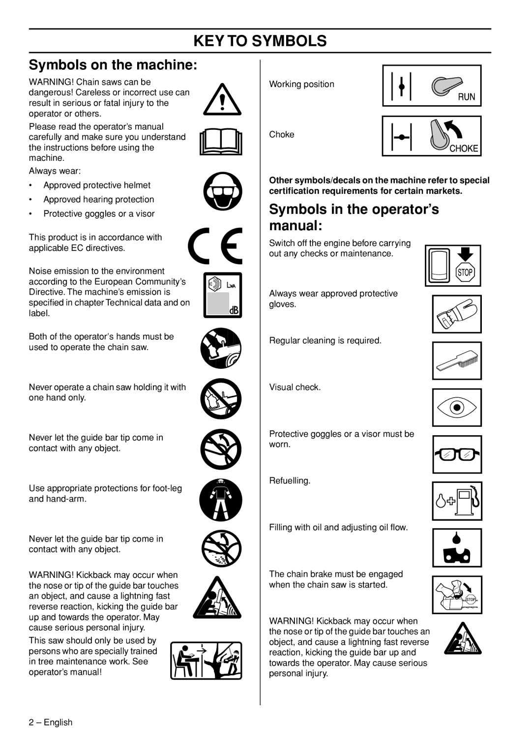 Husqvarna T435 KEY to Symbols, Symbols on the machine, Symbols in the operator’s manual 