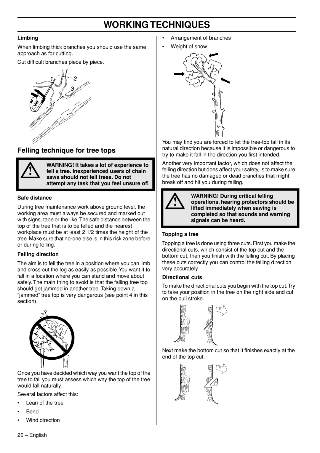 Husqvarna T435 manual Felling technique for tree tops, Limbing, Safe distance, Felling direction, Directional cuts 