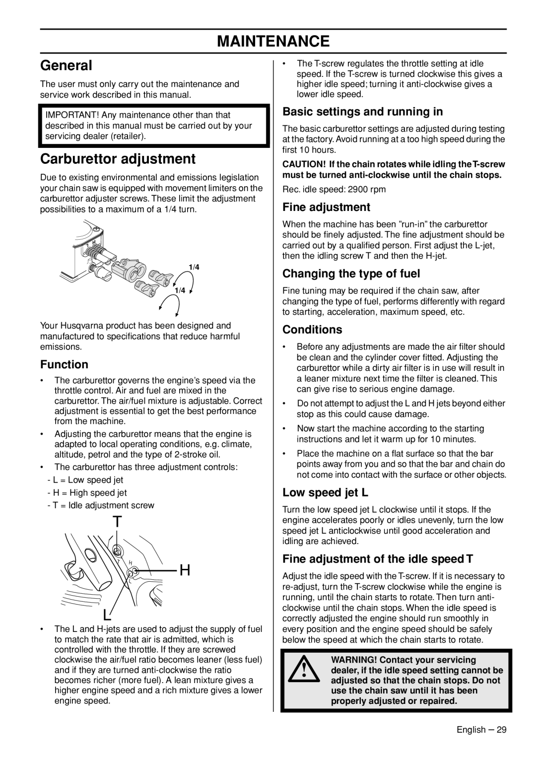 Husqvarna T435 manual Maintenance, General, Carburettor adjustment 