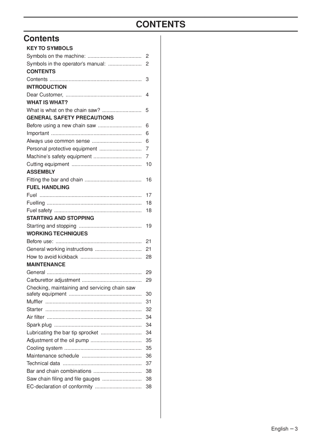 Husqvarna T435 manual Contents 