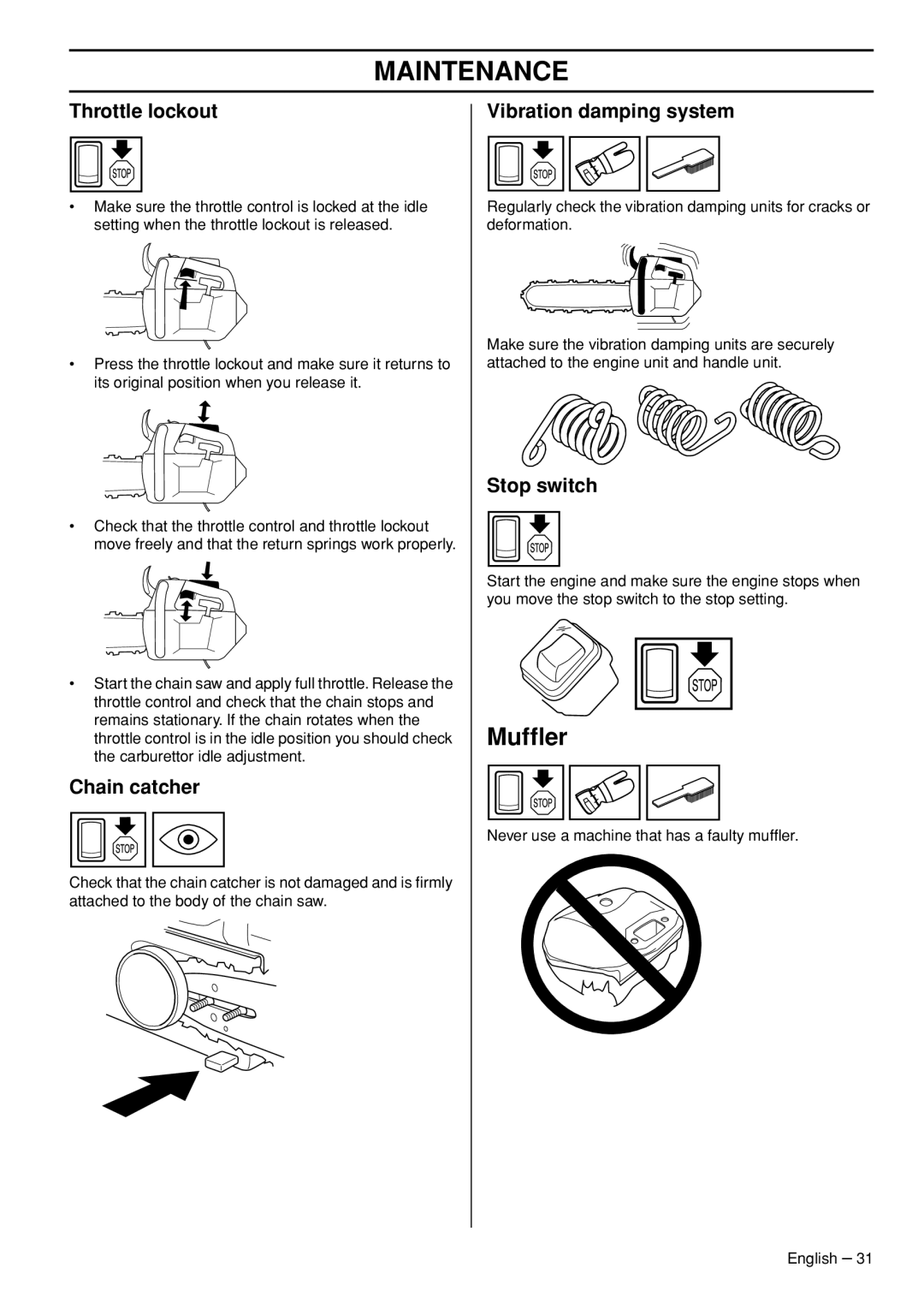 Husqvarna T435 manual Mufﬂer, Throttle lockout 