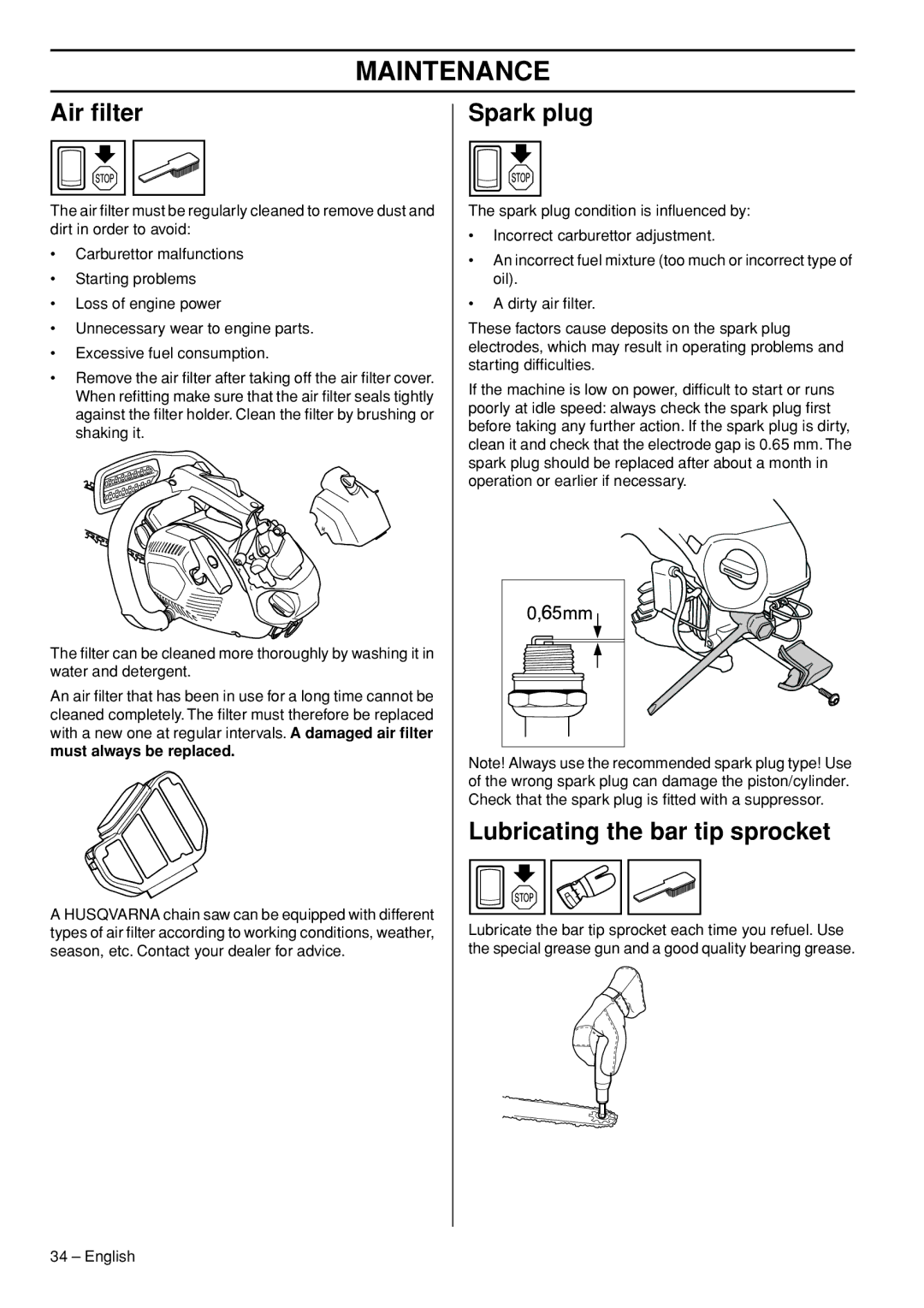 Husqvarna T435 manual Air ﬁlter, Spark plug, Lubricating the bar tip sprocket, Must always be replaced 